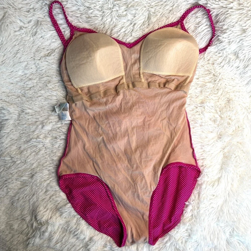 Vintage 80s does 50s Pinup Esther Williams‎ Ruched Pink Polka Dot Swimsuit Sz L